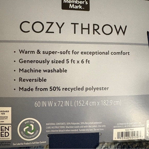 Member's Mark Plush Throw Blanket - Navy Plaid - Picture 2 of 2